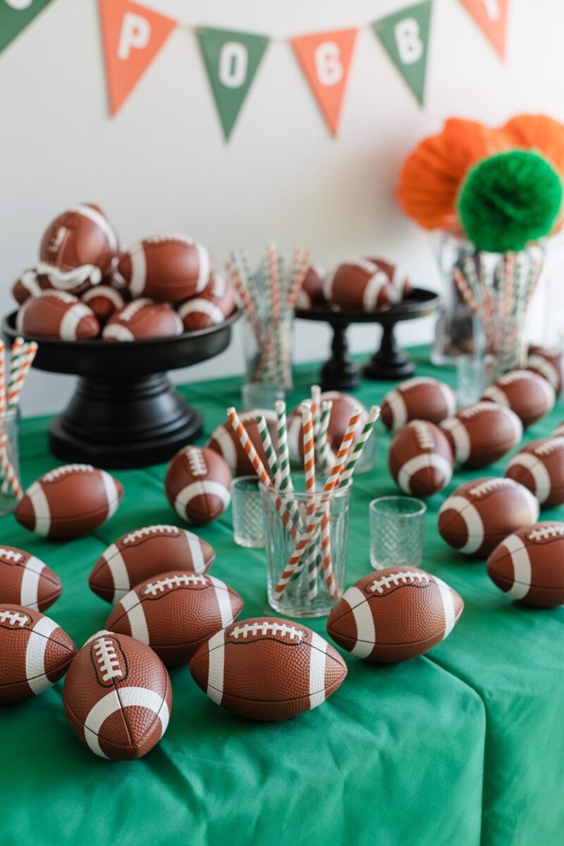 A table covered with mini footballs and themed party favors for a football party.
