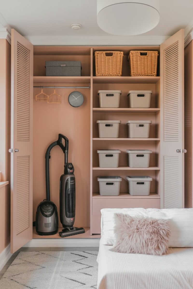 A tidy storage area featuring a vacuum cleaner, storage bins, and a cozy bed.