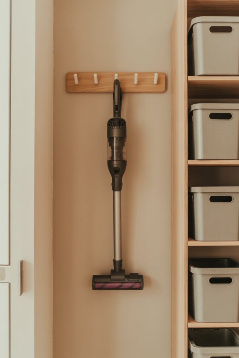 A vacuum cleaner hanging on a wall hook next to a storage bin.