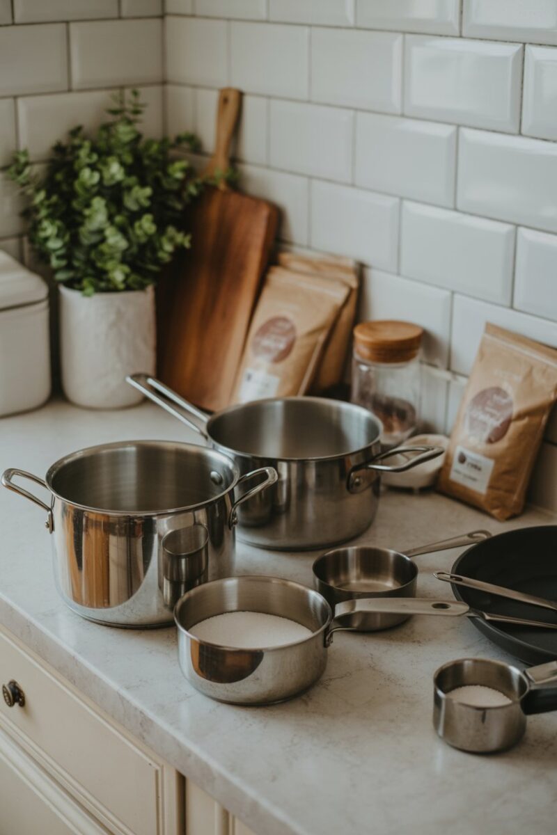 A variety of kitchen items including pots, measuring cups, and bags of sugar on a countertop.