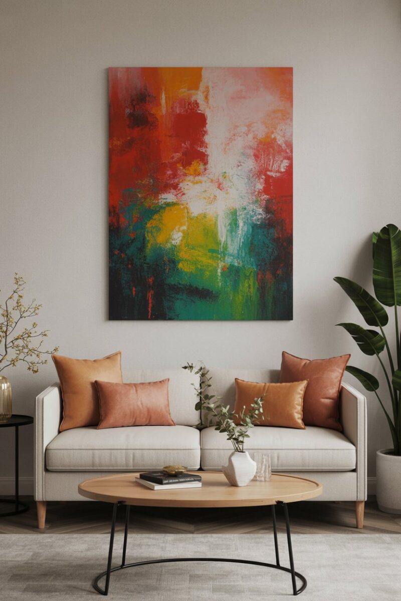 A vibrant abstract painting featuring reds, oranges, and greens, hanging above a stylish sofa in a modern living room.