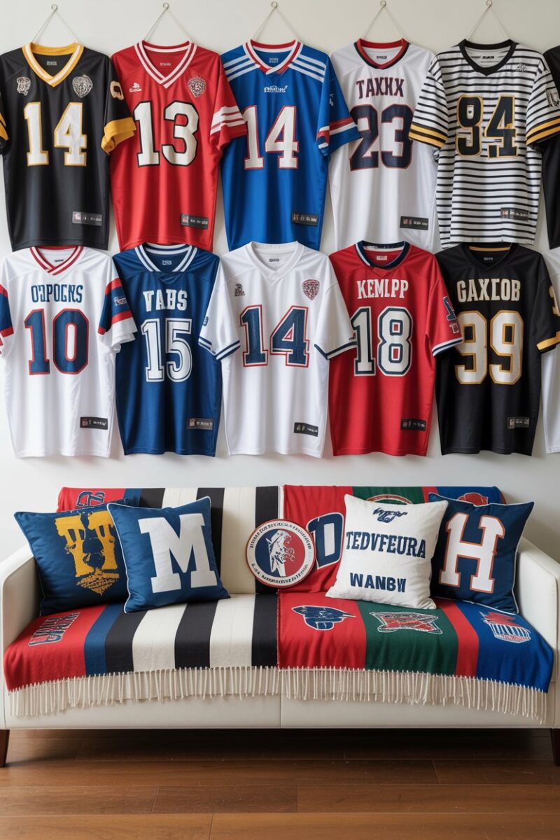 A wall decorated with various sports jerseys and a couch covered with team-themed blankets.