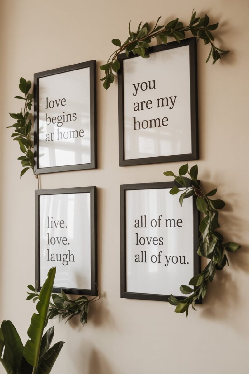A wall display of framed quotes with greenery.