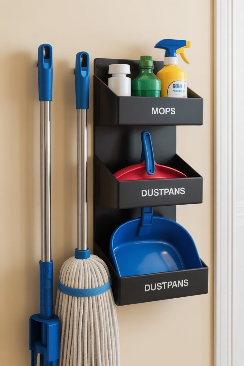 A wall-mounted mop holder with labeled sections for mops, dustpans, and cleaning supplies.
