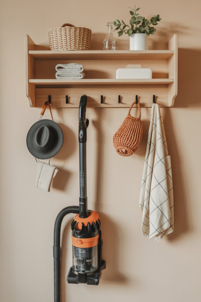 A wall-mounted vacuum cleaner storage solution with hooks for accessories.