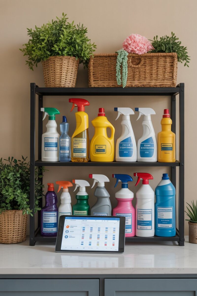 A well-organized cleaning supply area with various cleaning products and a tablet showing an inventory.