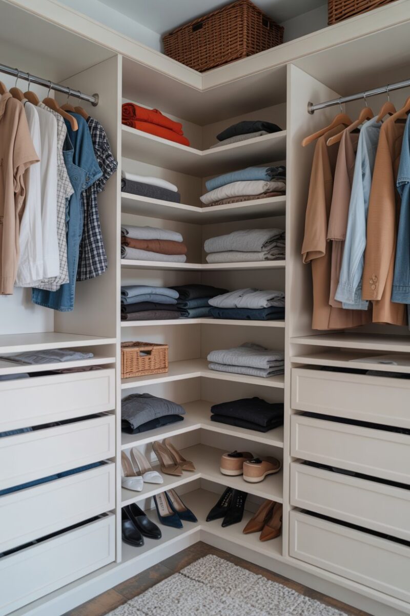A well-organized closet featuring corner shelves with neatly stacked clothes and shoes.