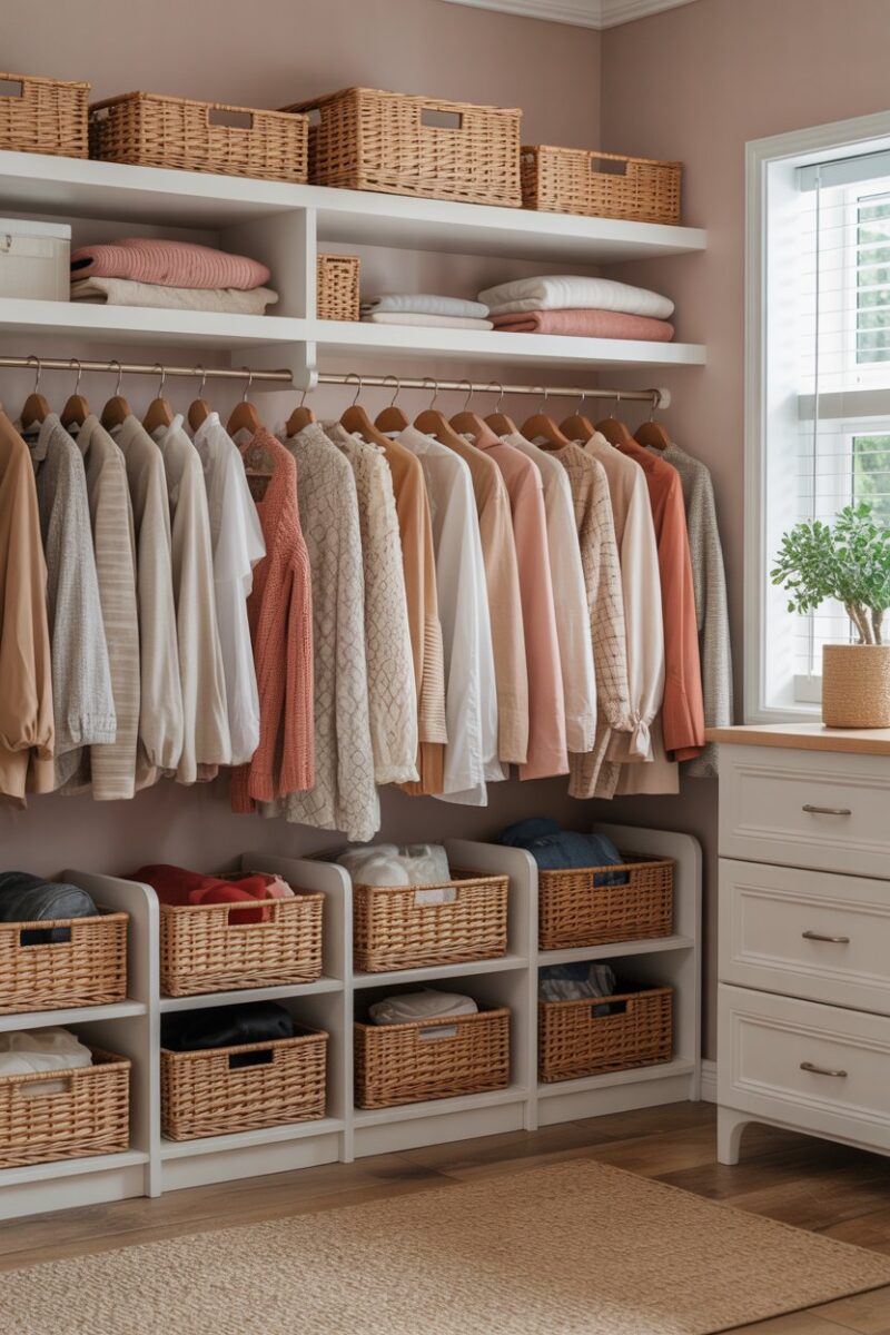 A well-organized closet featuring under-shelf baskets filled with clothing and accessories.