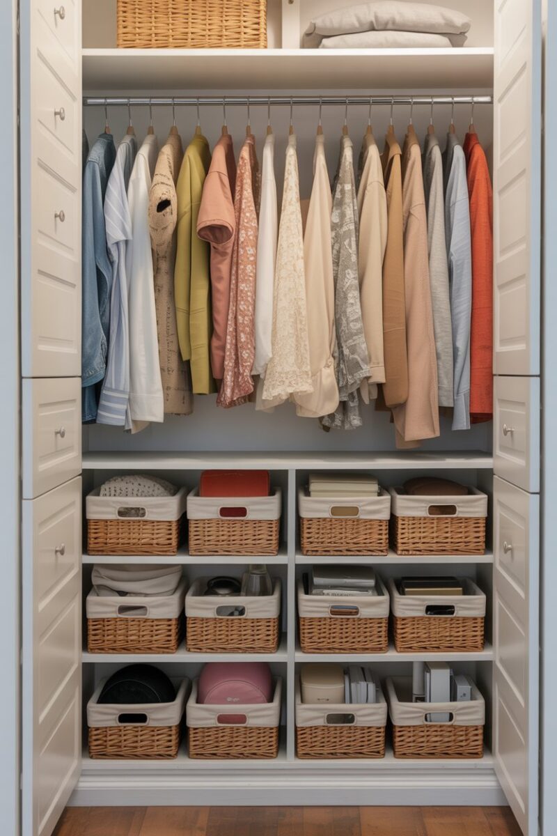 A well-organized closet featuring under-shelf baskets filled with various items.