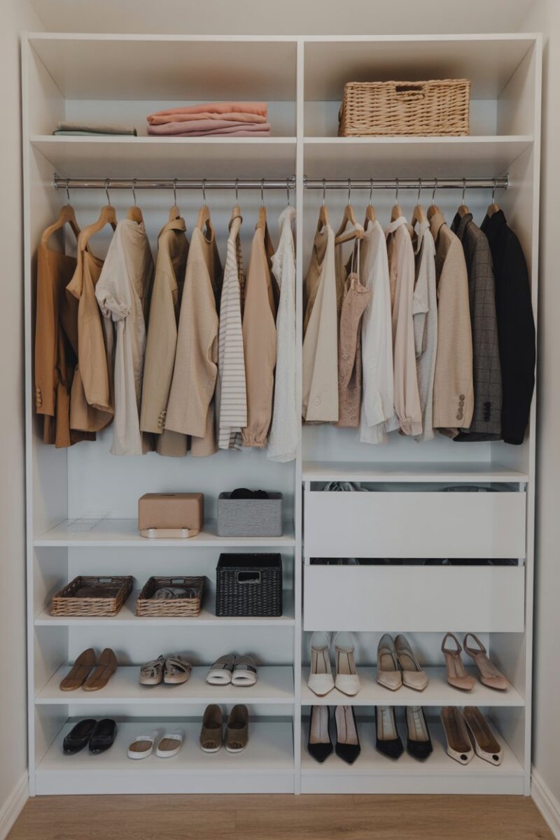 A well-organized closet with clothes on hangers and shoes on shelves.