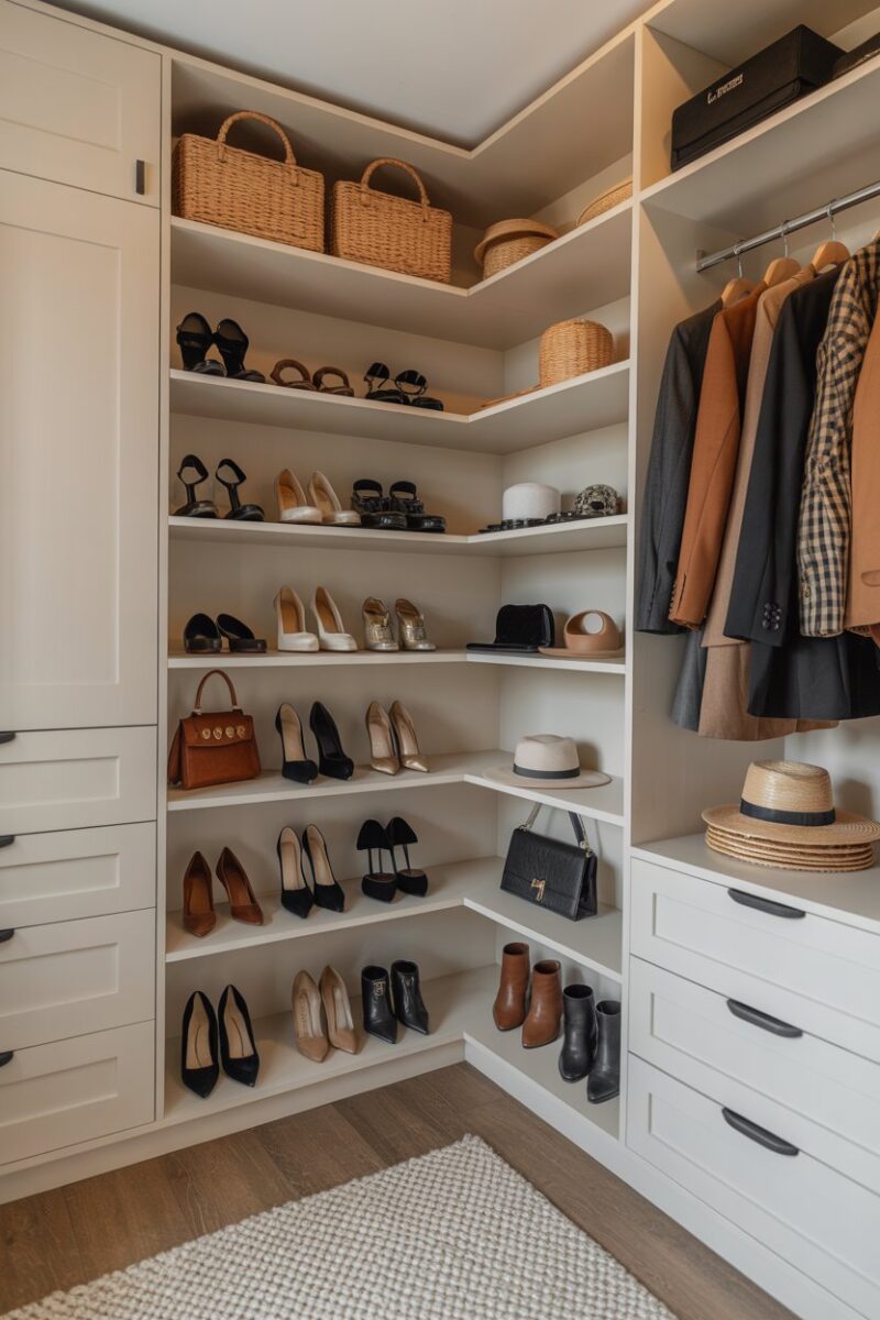 A well-organized closet with corner shelves displaying shoes, bags, and hats.