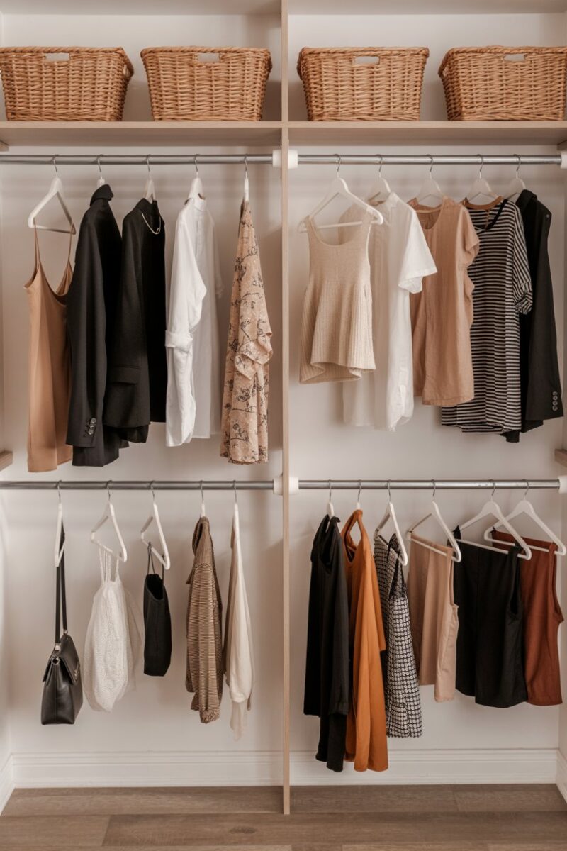 A well-organized closet with hanging rods displaying various clothing items on hangers.