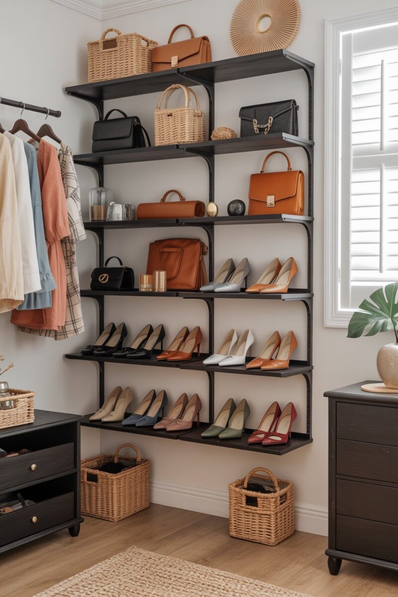 A well-organized closet with wall-mounted shelves displaying shoes, bags, and accessories.