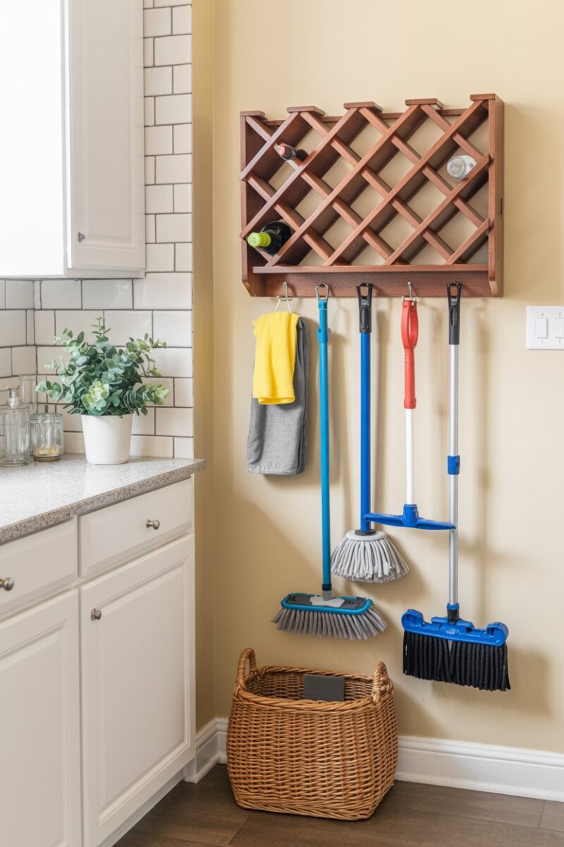 A wine rack repurposed to hold mops and cleaning tools in a neat and organized manner.