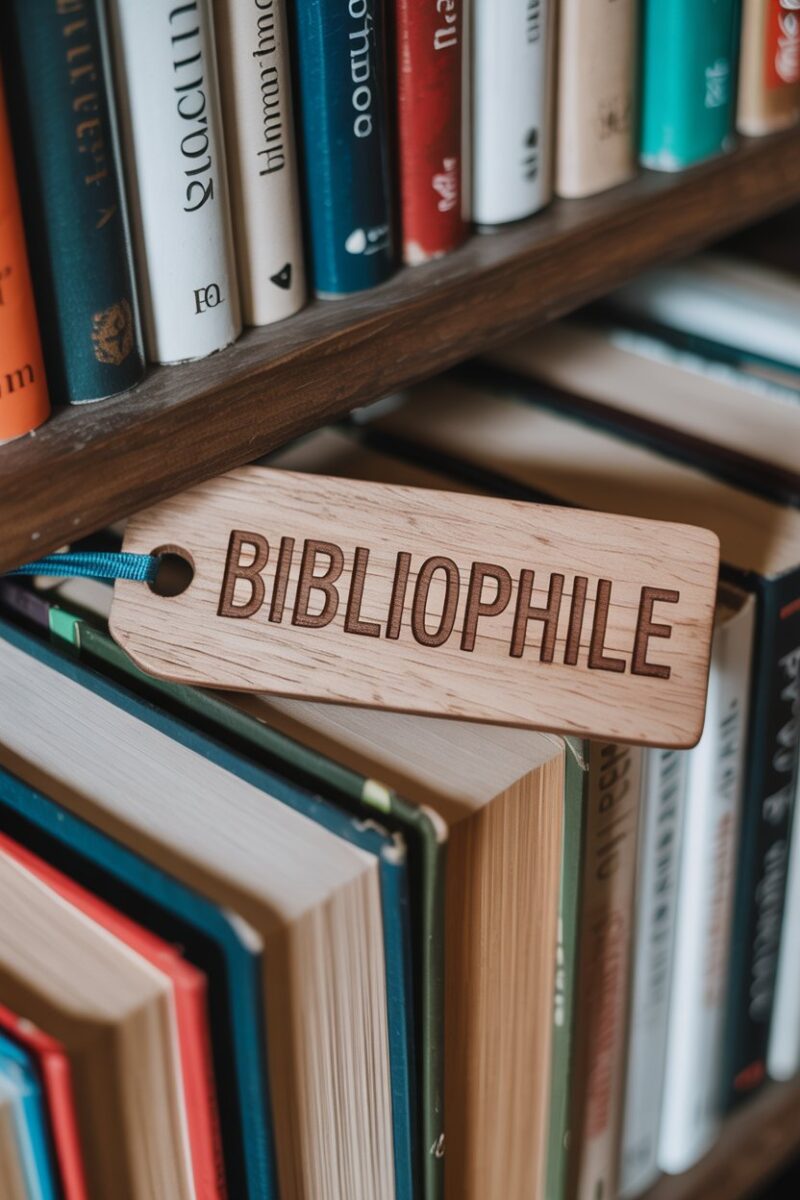 A wooden bookmark with the word 'BIBLIOPHILE' carved into it, resting on a shelf filled with books.