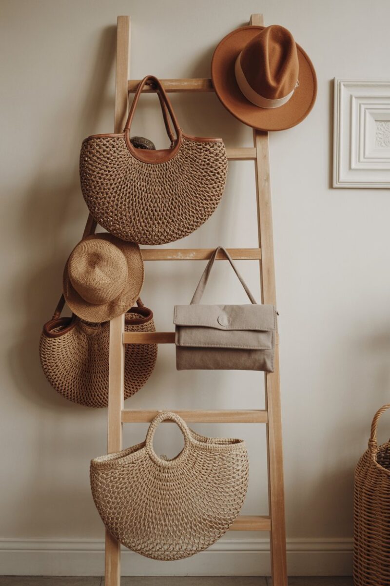 A wooden ladder leaning against a wall, displaying various bags and hats for storage.