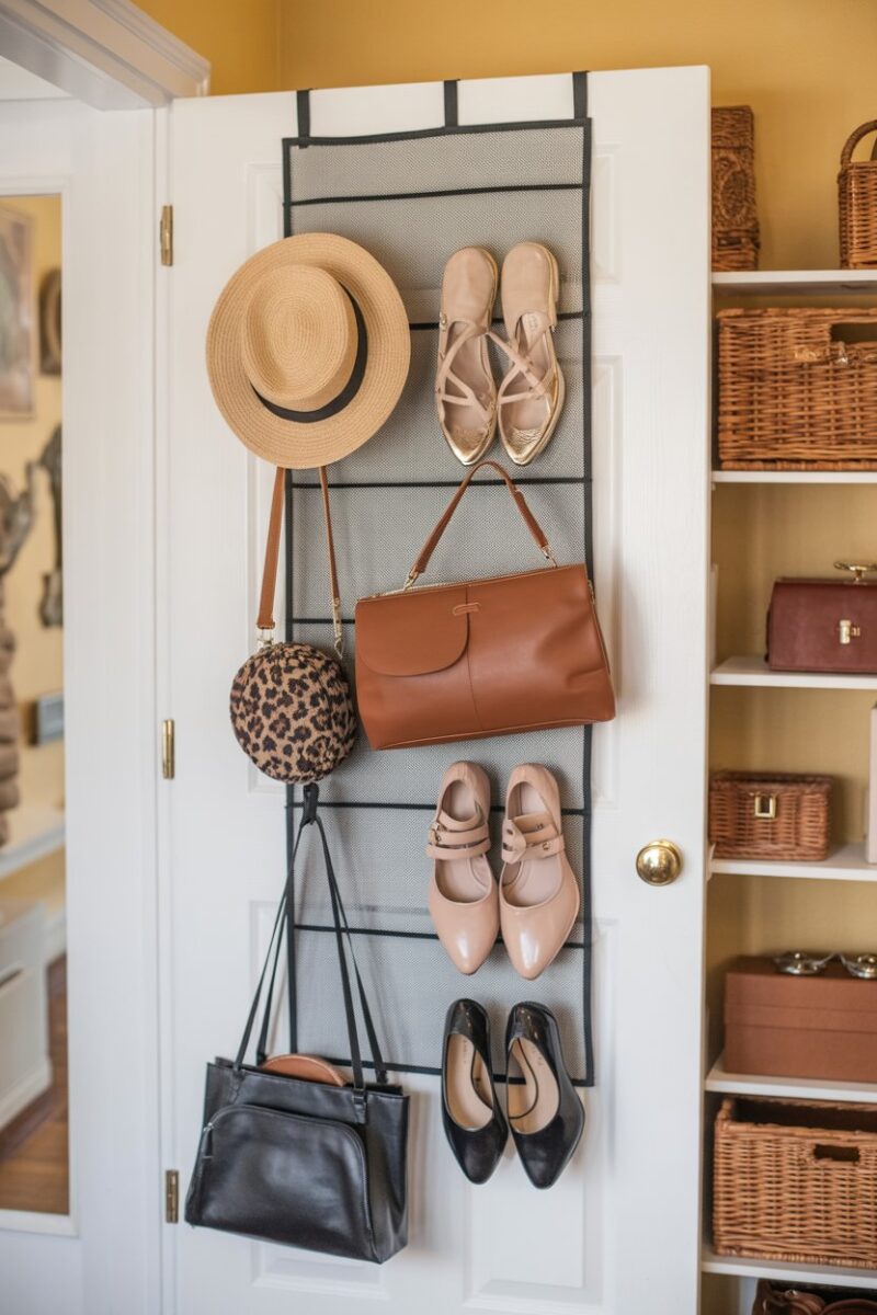 An over-the-door organizer displaying various shoes, bags, and accessories.