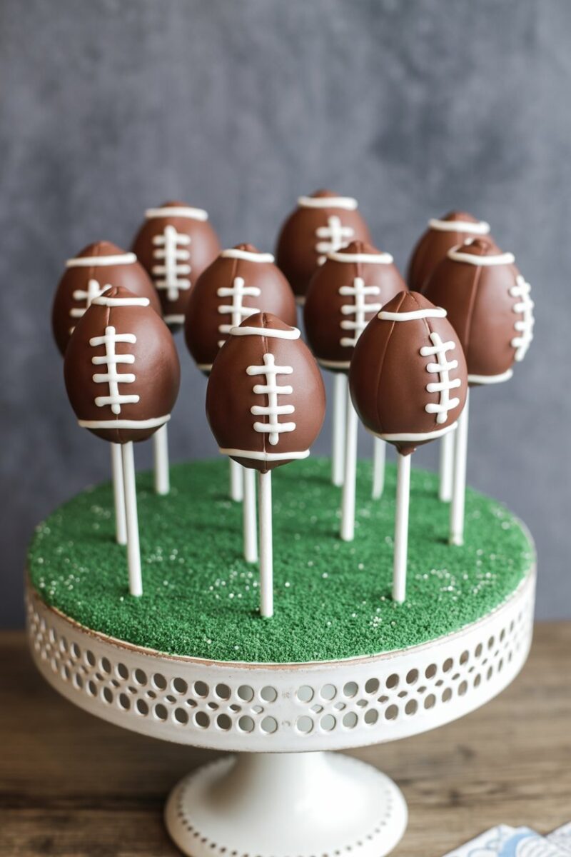 Cake pops shaped like footballs on a decorative stand