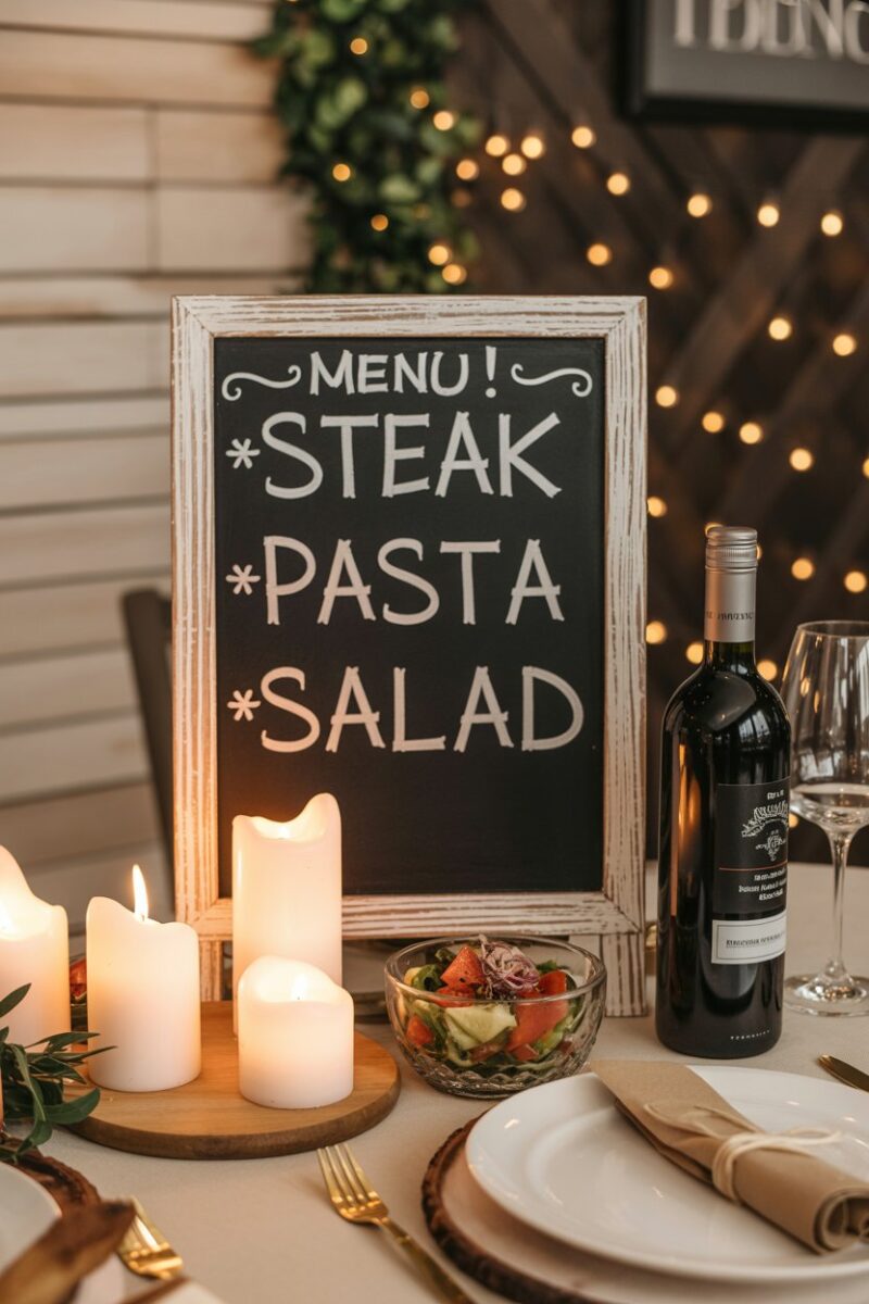 Chalkboard menu display with romantic dinner items, candles, and a wine bottle on a table.