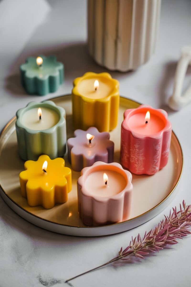Colorful DIY scented candles in various shapes on a tray.