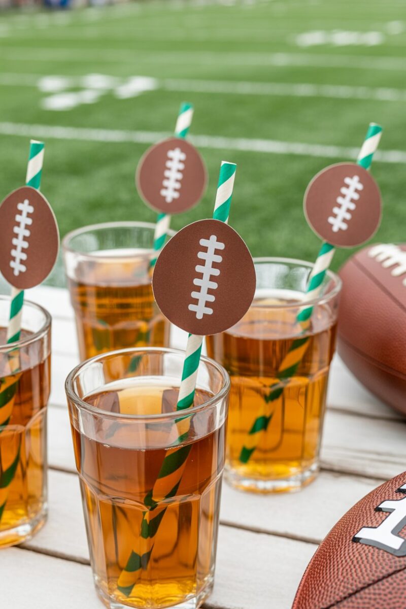 Colorful football-themed straws in drinks at a football party