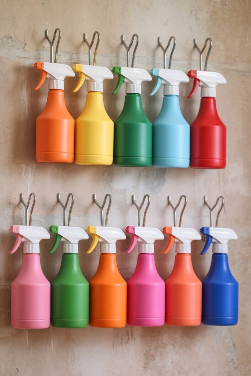 Colorful spray bottles organized on hooks against a textured wall