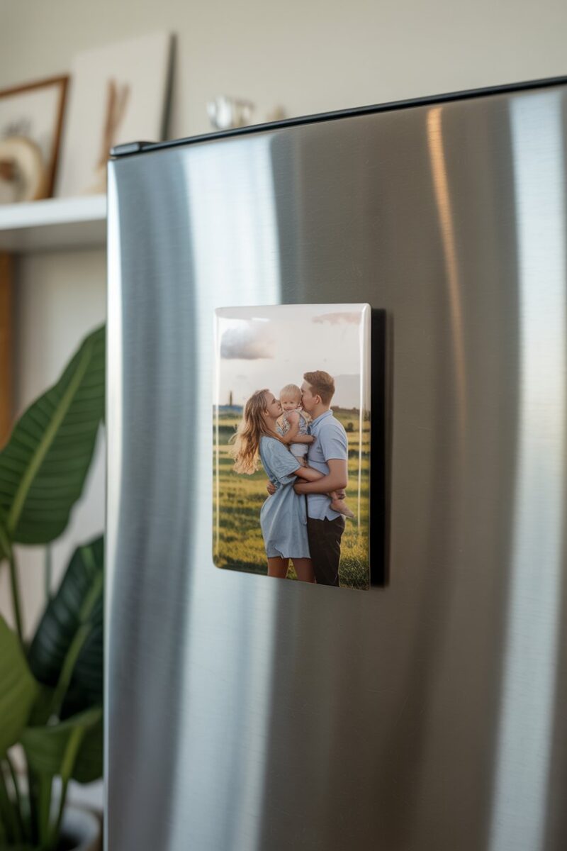 Customized fridge magnet featuring a family photo.