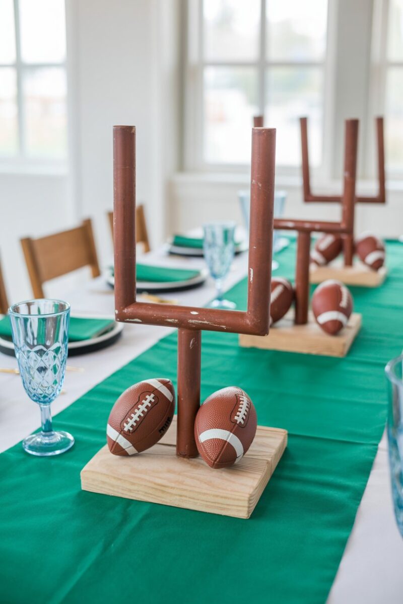 DIY football goal post centerpieces with mini footballs on a dining table.