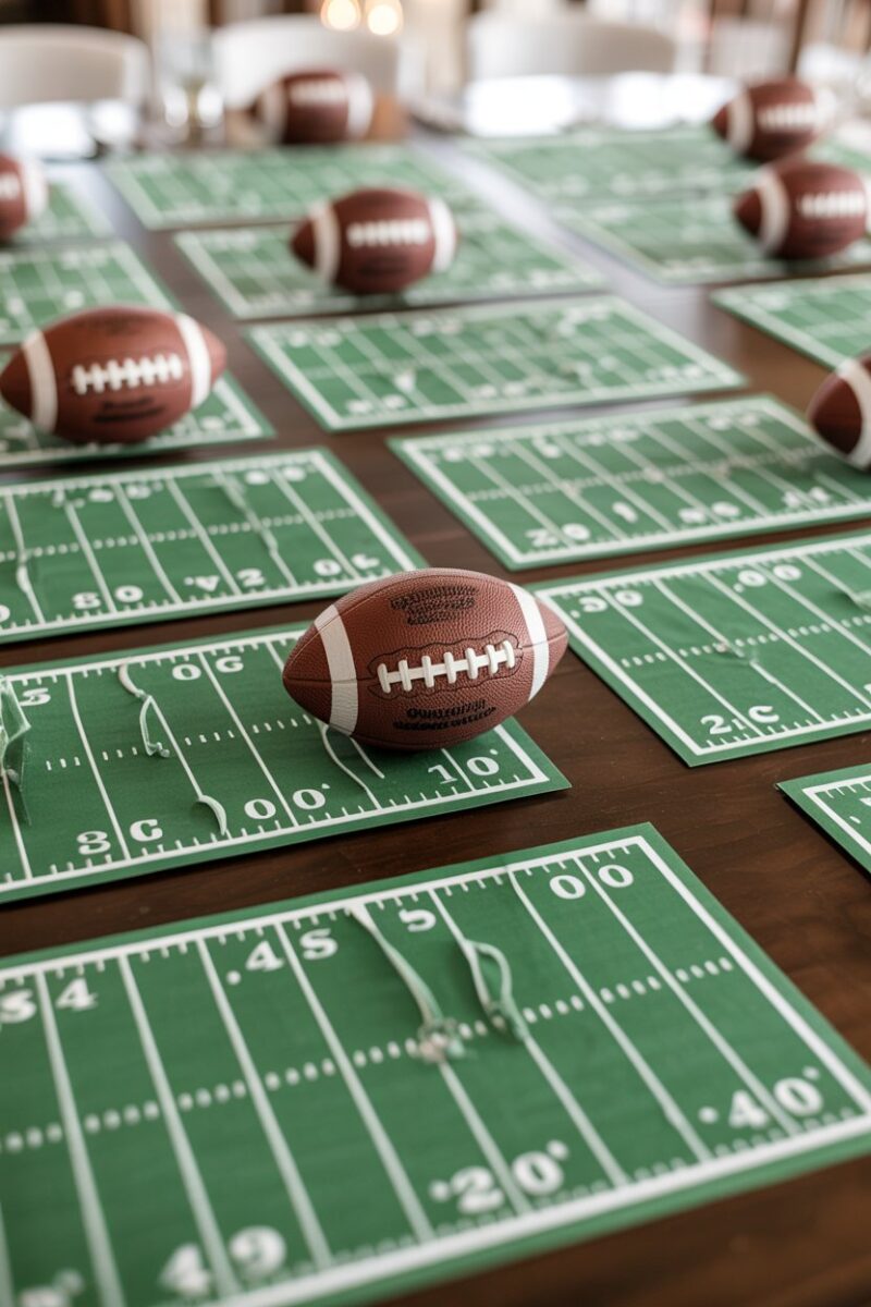 Football field themed place cards arranged on a table
