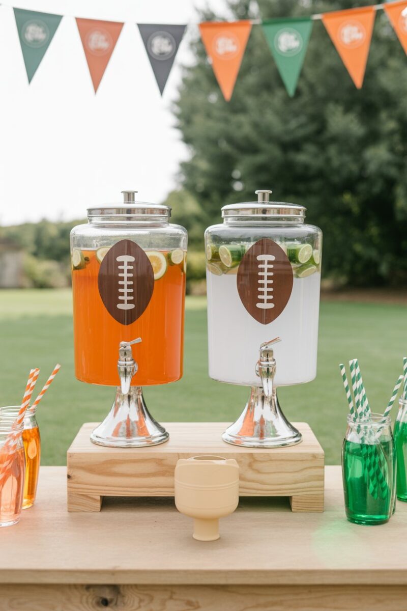 Football-themed drink dispensers in a party setting