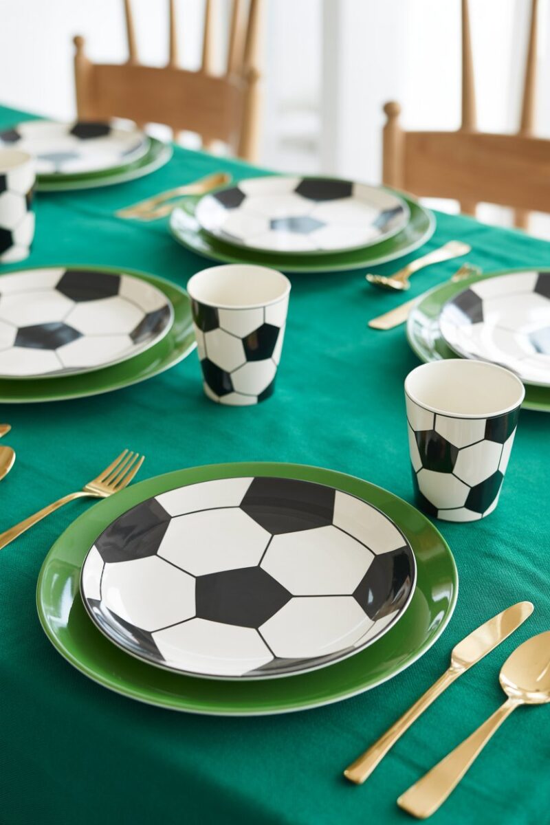 Football-themed table setting with plates and cups featuring soccer ball designs.
