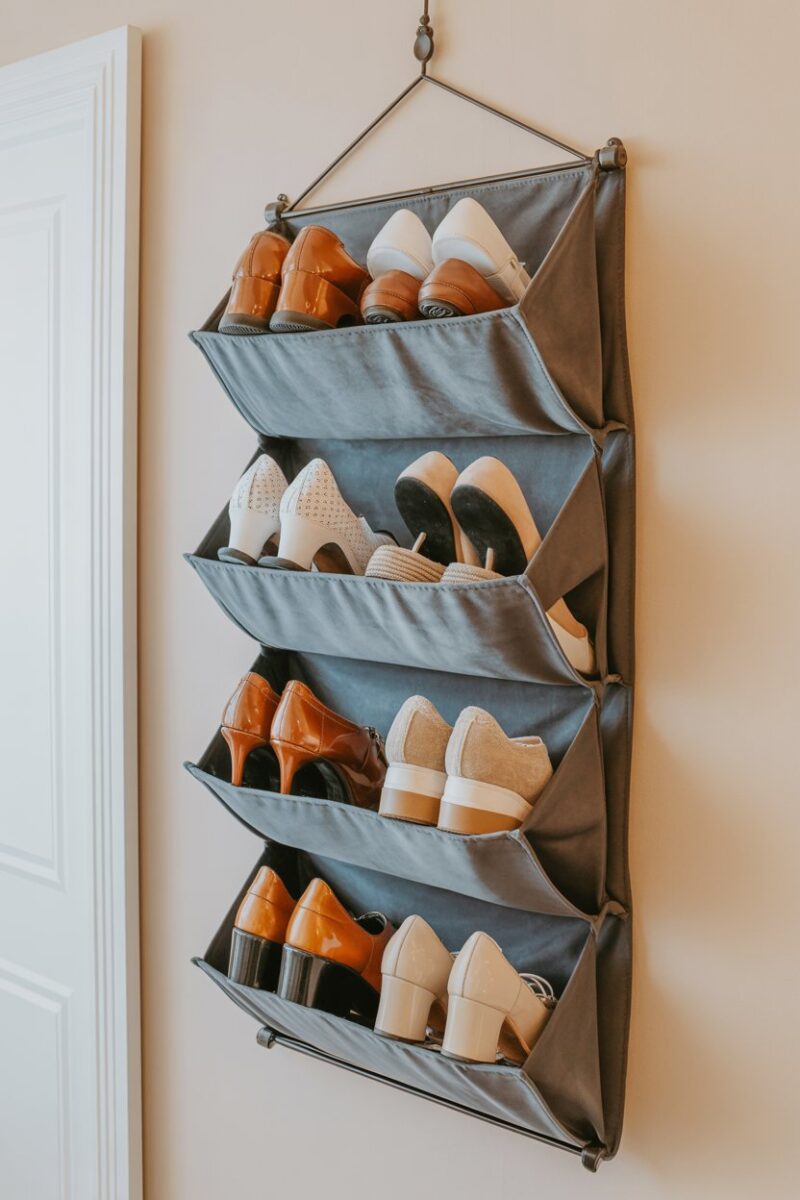 Hanging shoe organizer with various shoes displayed