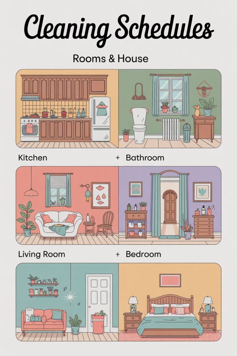 Illustration showing cleaning schedules for different rooms in a house.