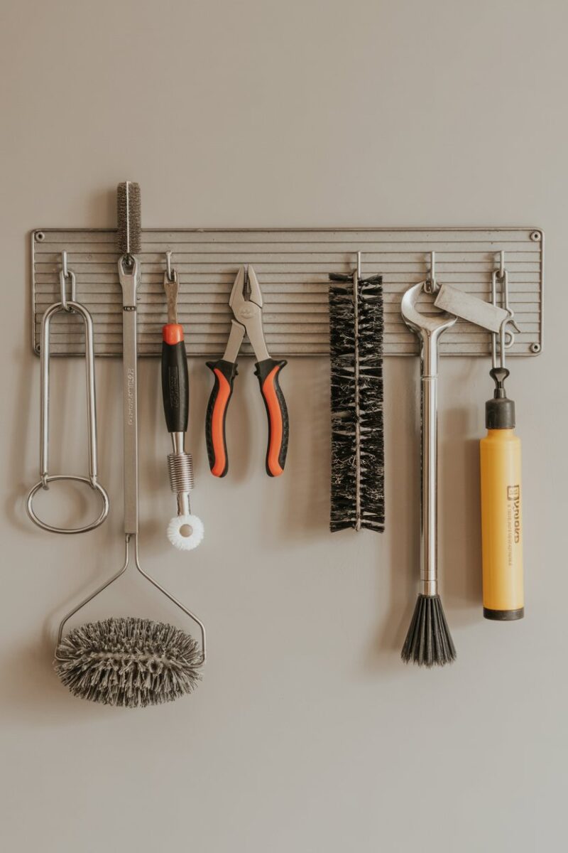 Magnetic strip holding various metal cleaning tools on a wall.