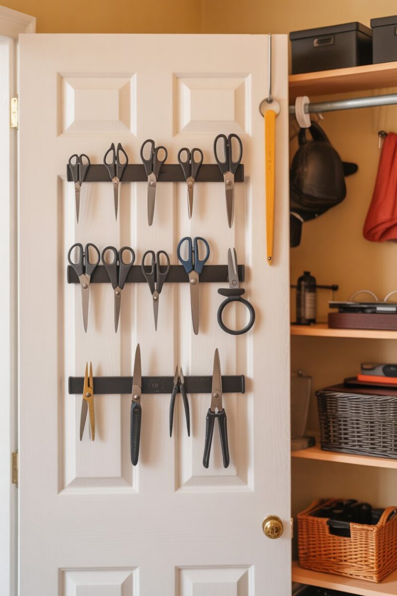 Magnetic strips holding scissors and tools on a closet door.