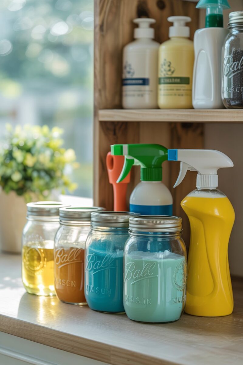 Mason jars filled with cleaning supplies on a shelf