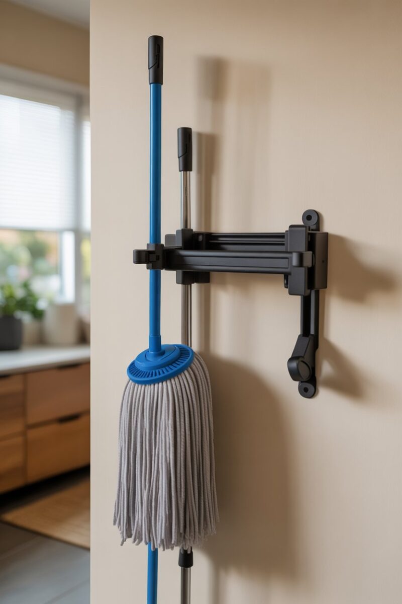 Mop holder with adjustable arms mounted on a wall, holding a mop.