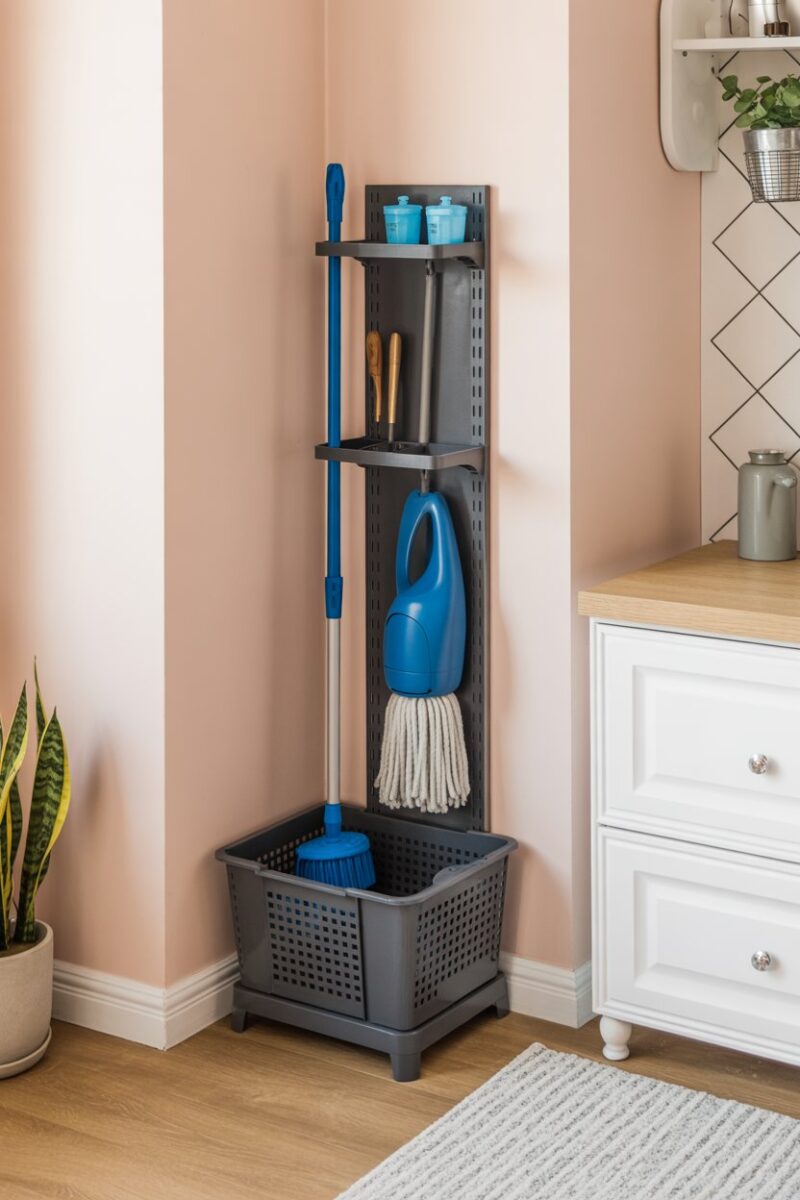 Mop organizer with built-in shelf and cleaning tools
