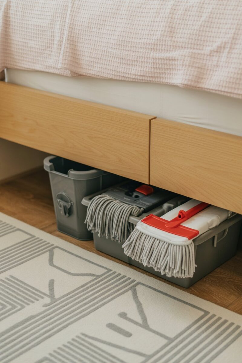 Mops stored neatly under a bed, showcasing an organized cleaning space.