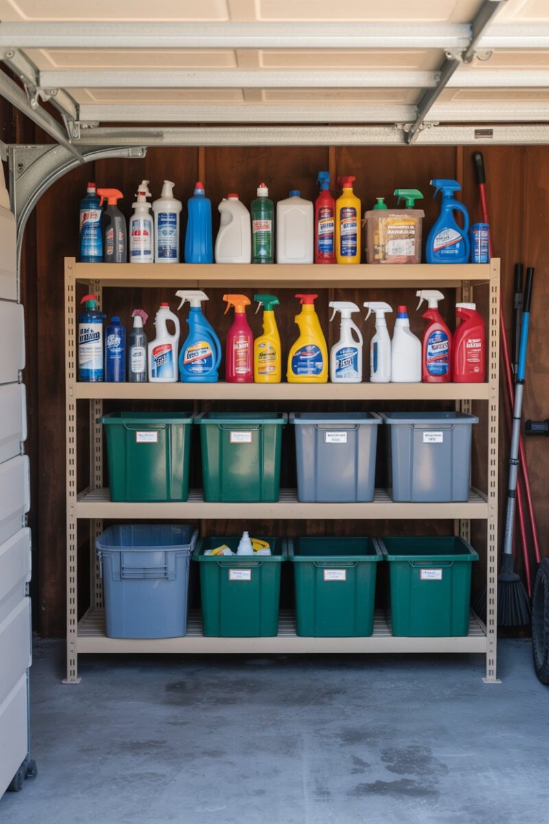 Organized cleaning supplies in a garage on shelves and in bins.