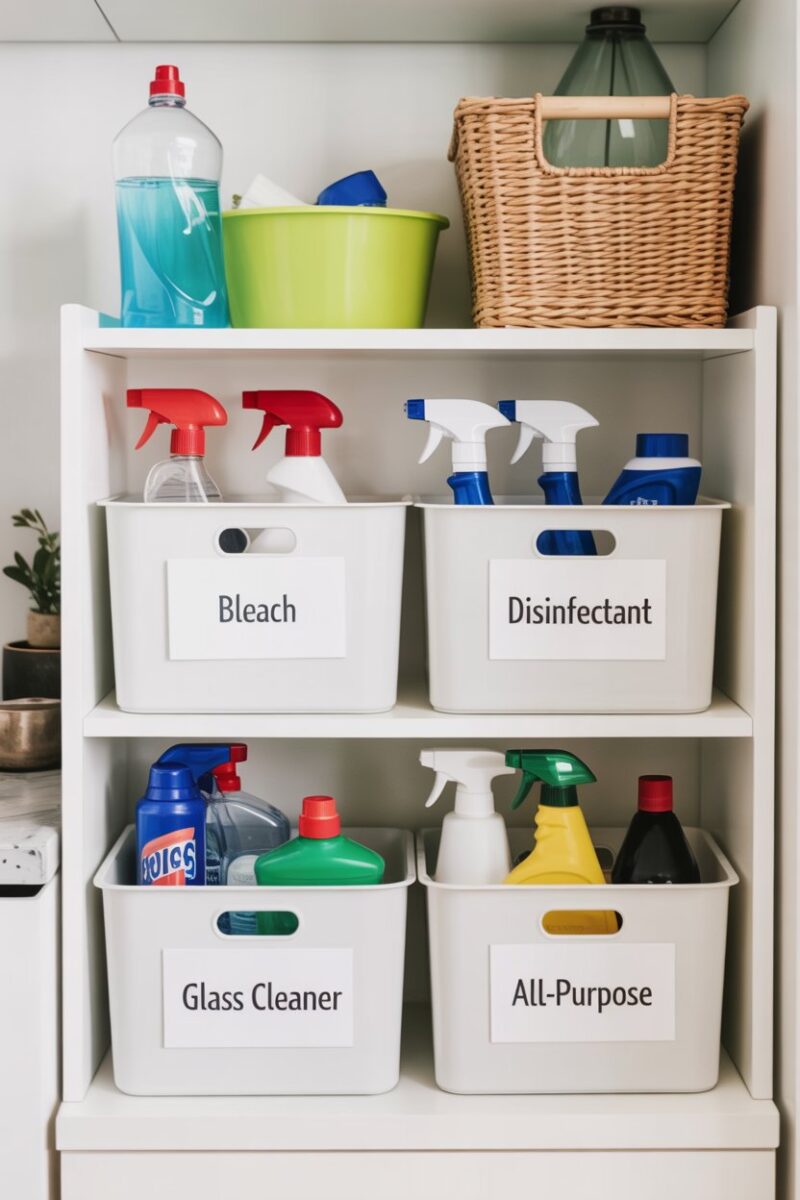 Organized cleaning supply storage bins with labels.