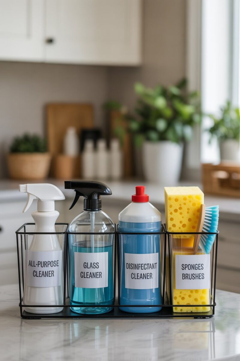Organized cleaning supply storage with labeled containers