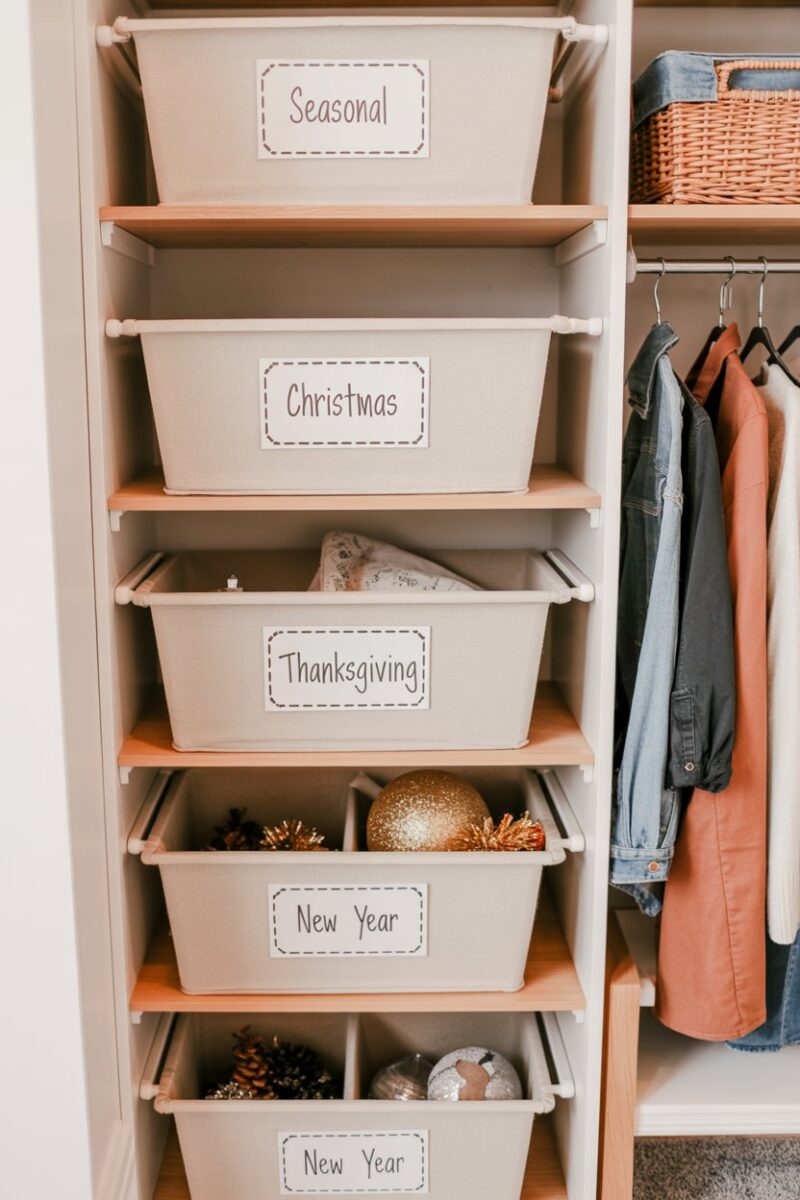 Organized closet with labeled bins for seasonal decorations.