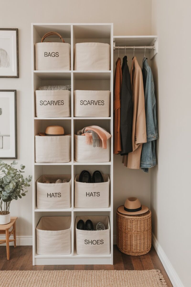 Organized closet with labeled cubbies for easy access to items.
