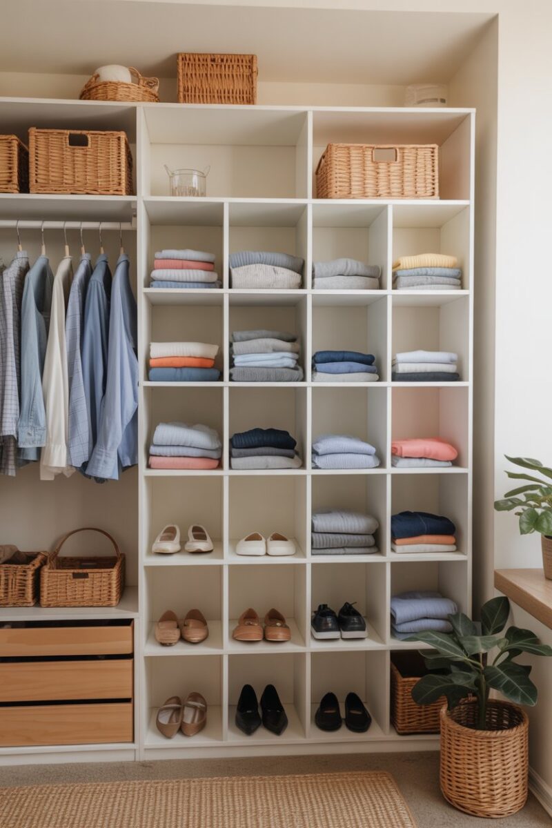 Organized closet with cubbies for shoes and folded clothes