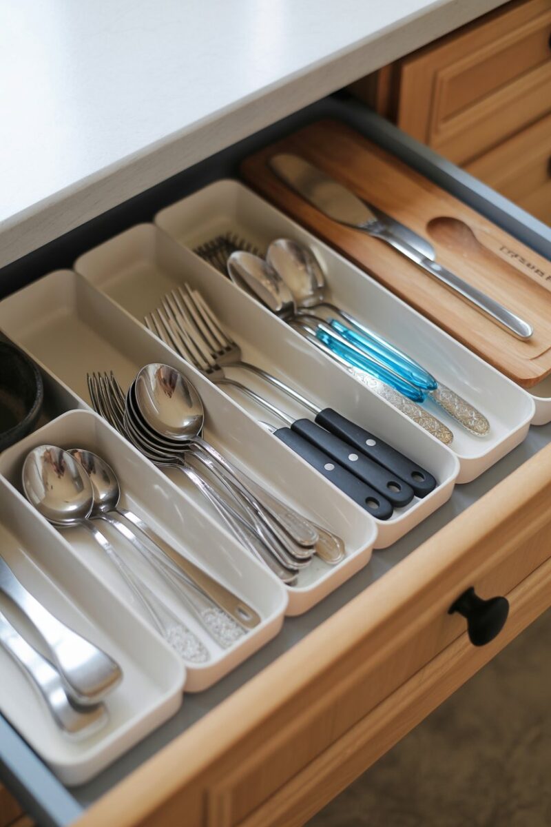 Organized kitchen drawer with dividers holding various utensils.