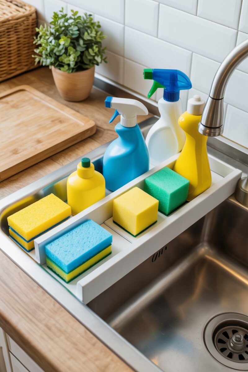 Organized kitchen sink area with cleaning supplies and sponges neatly arranged.