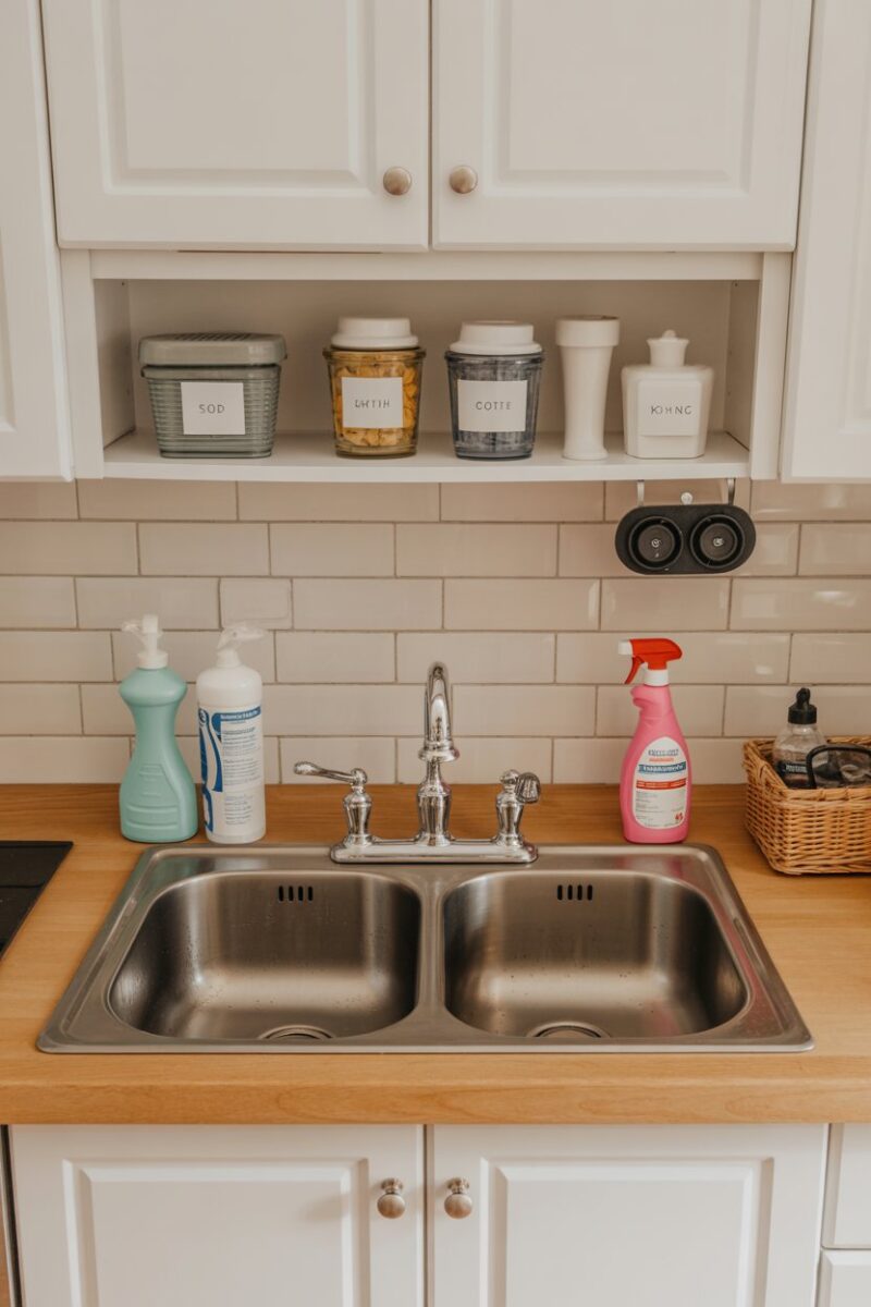Organized kitchen sink area with labeled containers and cleaning supplies.