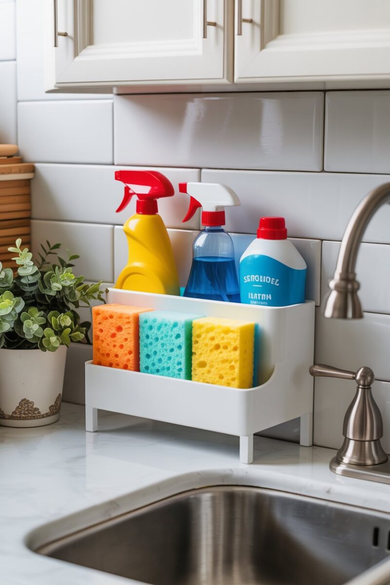 Organized kitchen sink supplies including sponges and cleaning products.