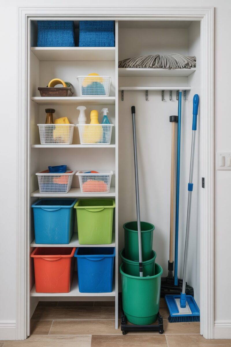 Organized mop and broom closet with shelves and cleaning tools.